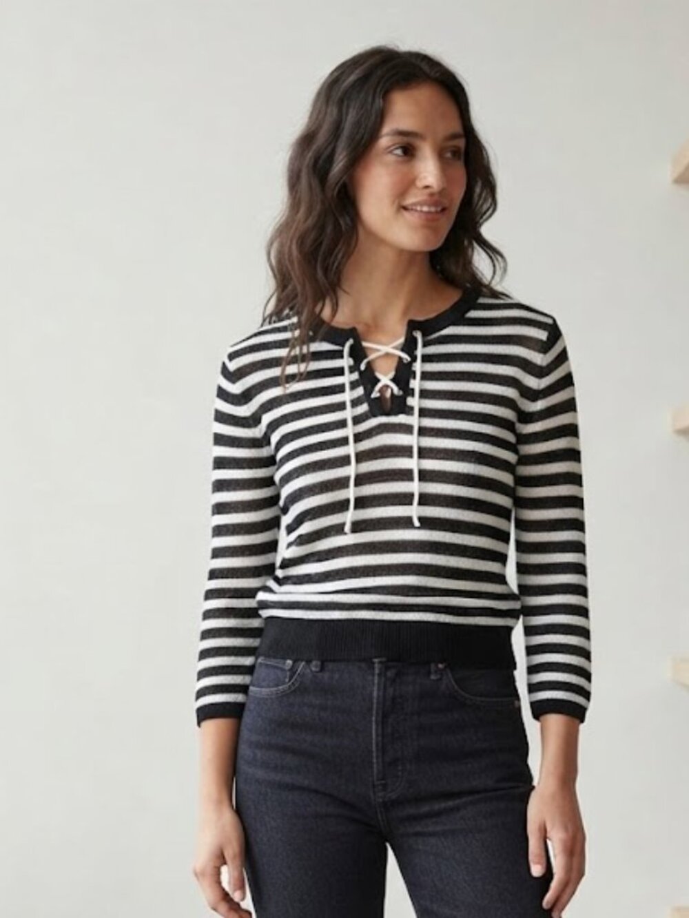 LouLou Knit Stretch Top 3/4 Sleeve Lined Black & White Stripe Lace Up, Large